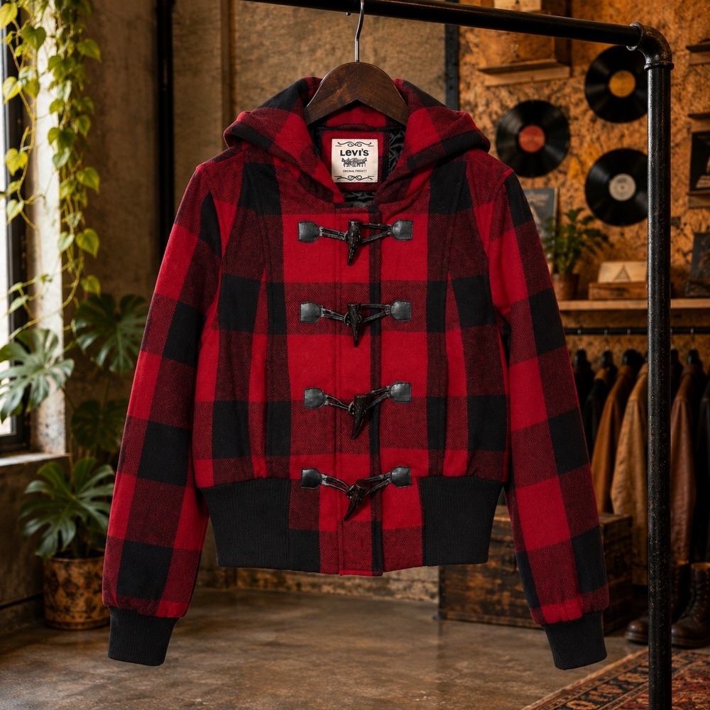 Levi's Buffalo Plaid Hooded Toggle Jacket Red Black Check